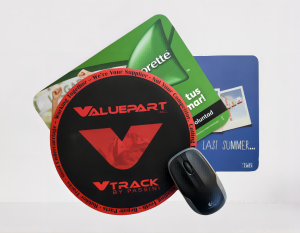 This is a custom-printed paper mouse pad with a PVC film top and a natural rubber base.